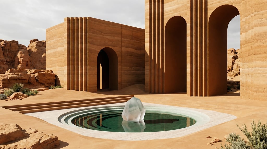 3D render of an arid landscape with geometric rammed earth in warm ochre structures emerging from sm