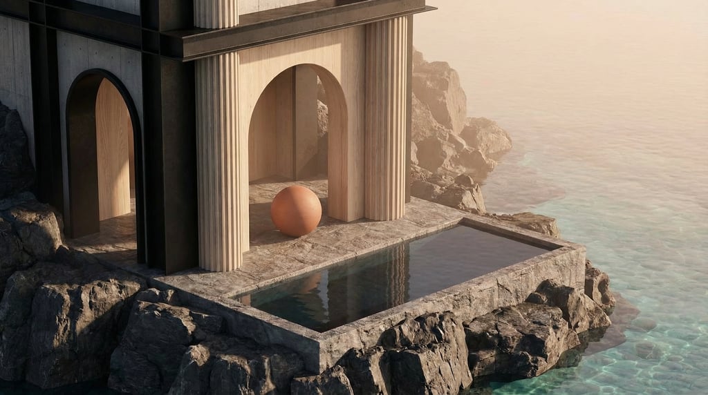 3D render of a Japanese-inspired coastal structure of blackened steel and concrete and pale timber p