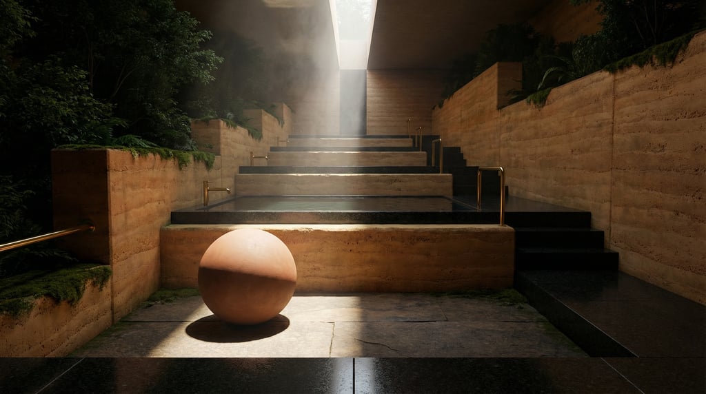 3D render of a hillside sanctuary with rammed earth in warm ochre retaining walls creating multiple