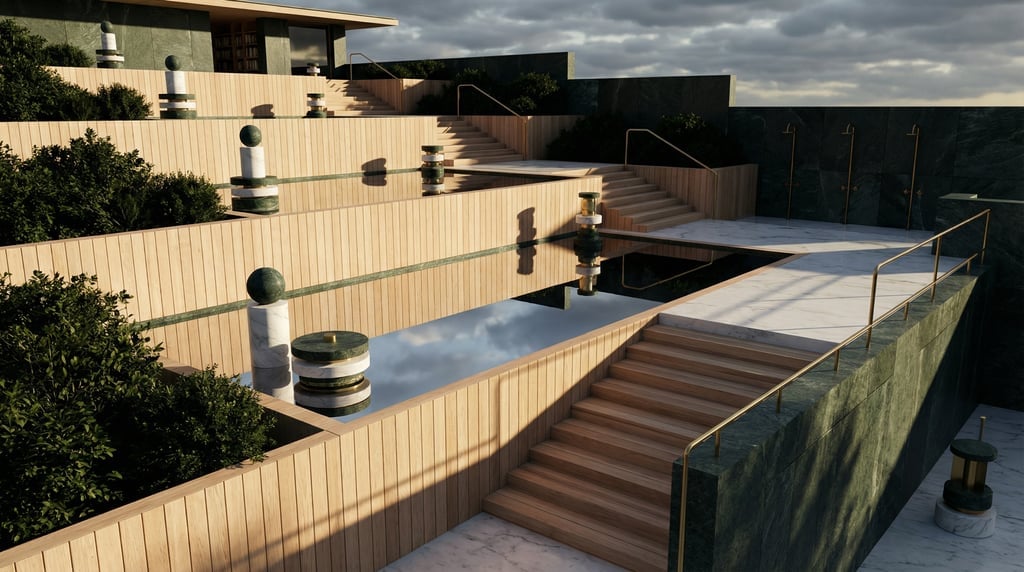 3D render of a hillside library with pale cedar wood retaining walls creating multiple levels