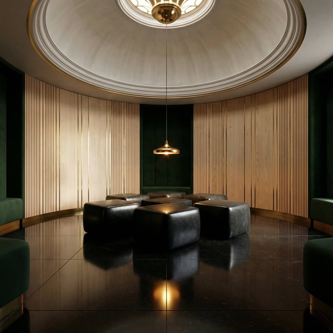 3D render of a circular lounge with fluted pale Douglas fir timber walls and polished brass inlay