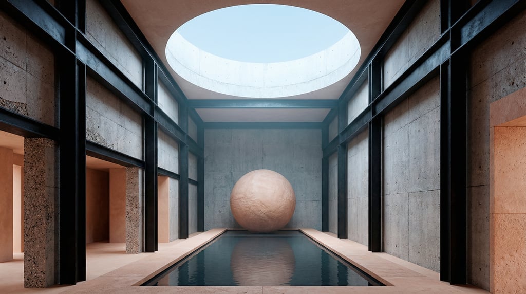 3D render of a Mediterranean warehouse conversion with blackened steel and concrete walls and a mass