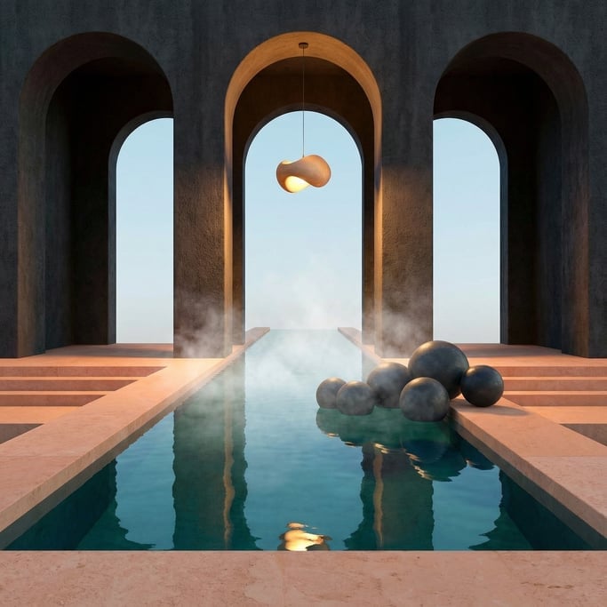 3D render of a brutalist bathhouse with dark pigmented concrete walls and Three massive arched openi