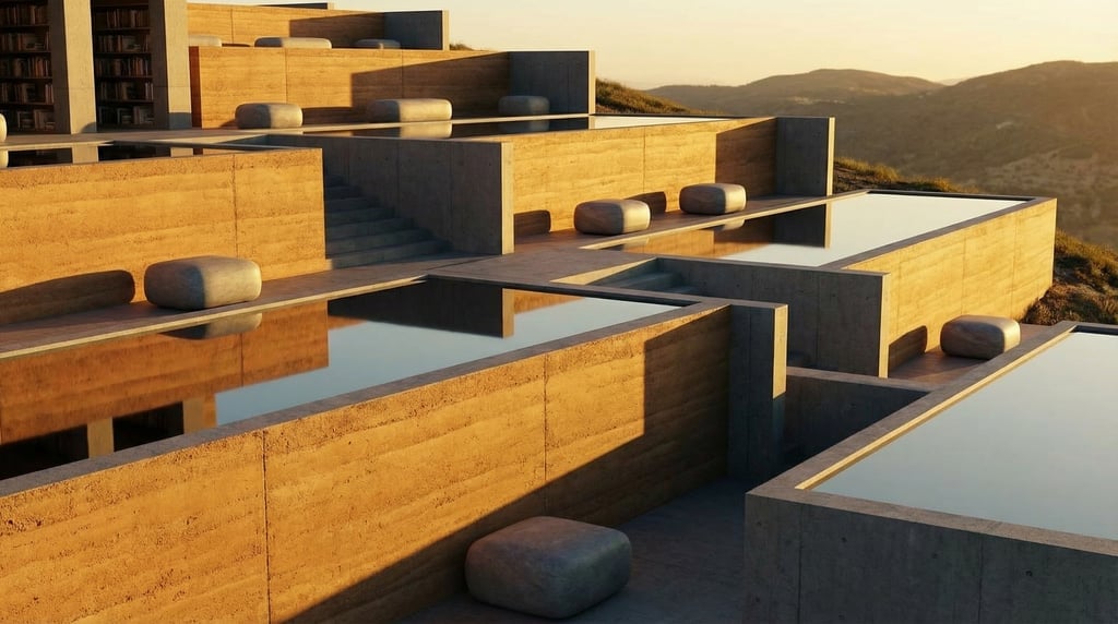 3D render of a hillside library with rammed earth in warm ochre retaining walls creating multiple le