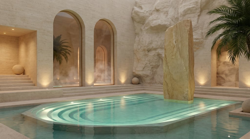 3D render of a thermal spring grotto with cream-colored tufa stone walls and a natural A geometric s