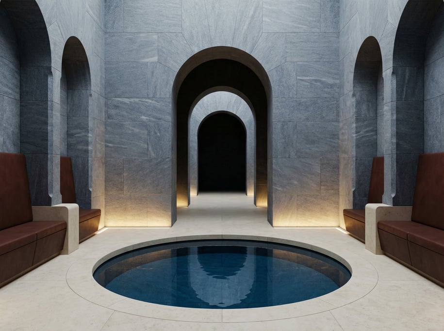 3D render of a subterranean reading room carved from cool grey bluestone