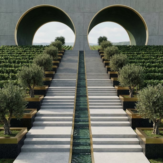 3D render of a vast terraced vineyard with wide steps of honed concrete ascending the slope