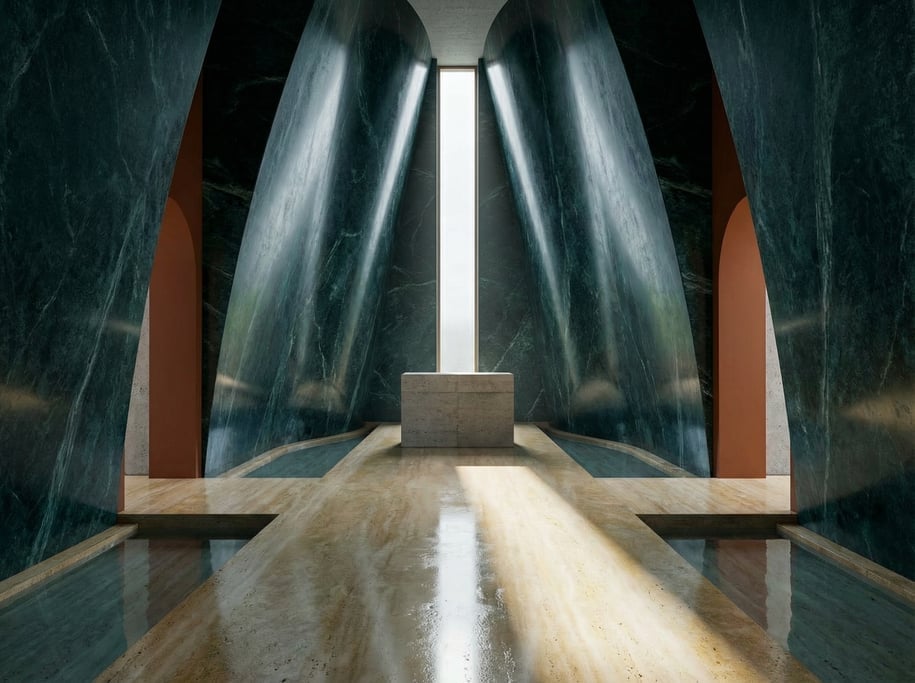 3D render of a minimalist chapel interior with dark verde marble walls converging toward A single ta