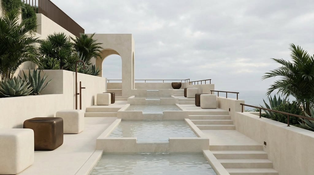 3D render of a hillside observatory with lime-washed plaster retaining walls creating multiple level