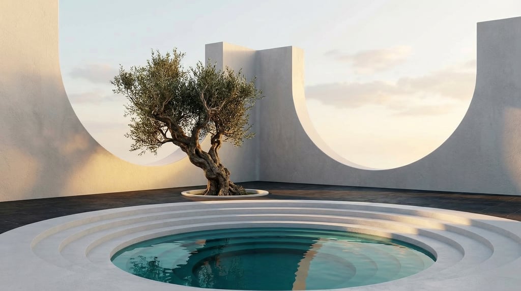 3D render of a contemplative garden enclosed by smooth rendered clay walls with Two oversized semici