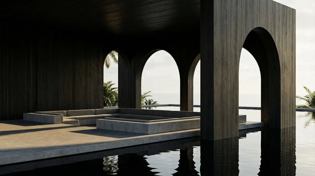 3D render of a modernist pavilion of dark stained oak built over a calm inky black lagoon