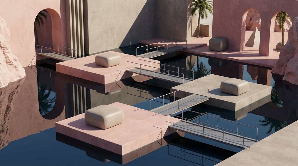 3D render of a series of interconnected polished plaster platforms stepping across a still warm mine