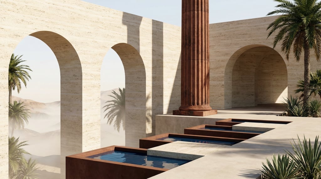 3D render of a desert sanctuary with cream-colored tufa stone walls and Wide barrel-vaulted openings