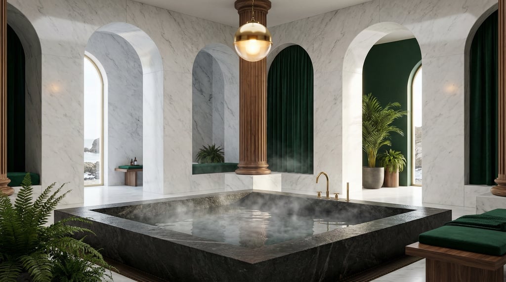 3D render of a Scandinavian bathhouse with white Carrara marble walls and Three massive arched openi