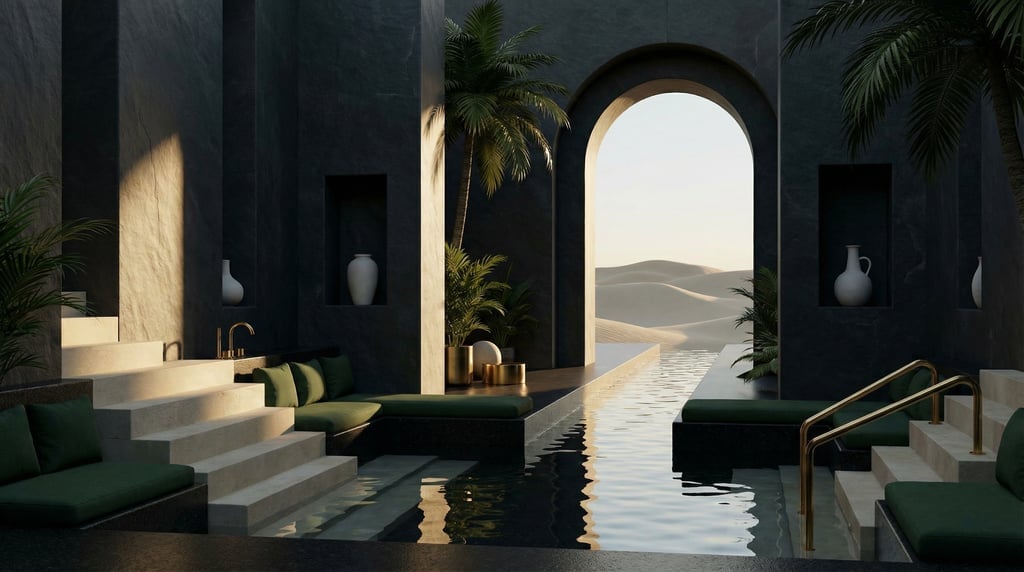 3D render of a tropical modernist spa carved into a dark slate canyon