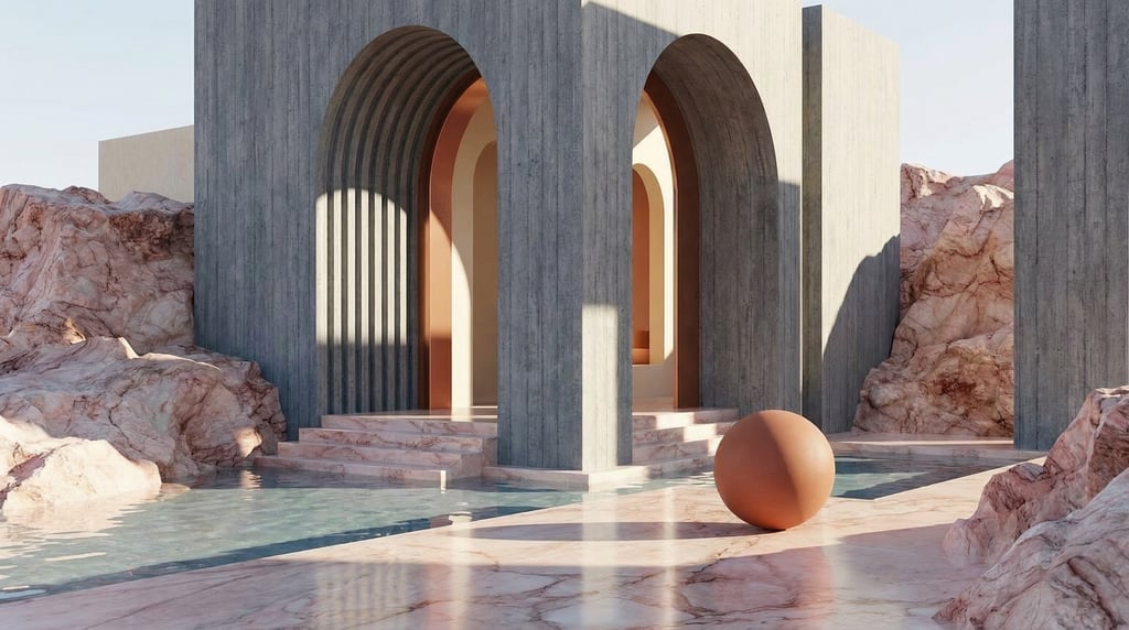 3D render of an arid landscape with geometric raw board-formed concrete structures emerging from ros