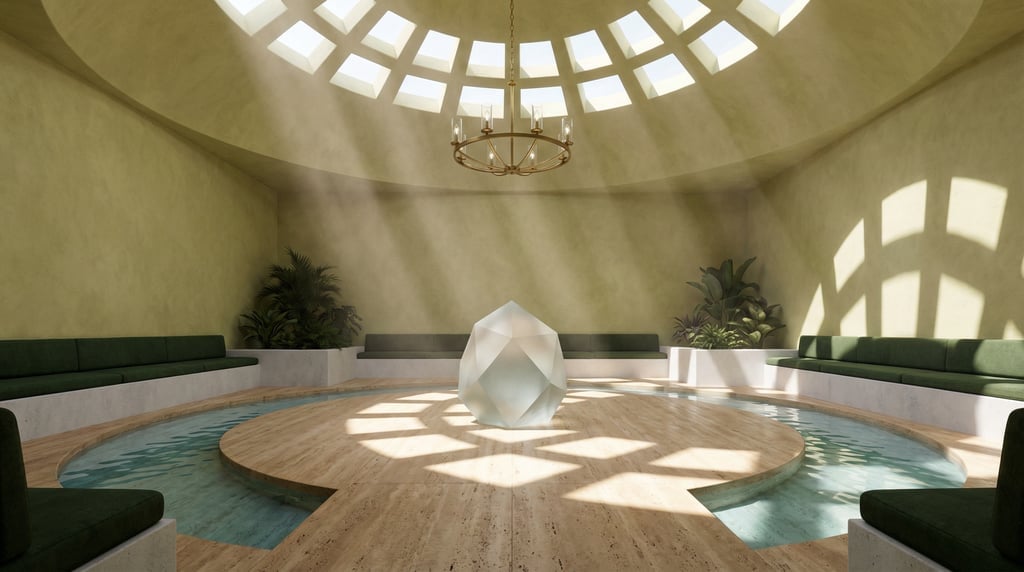 3D render of a meditation hall with lime-washed plaster walls and a a domed ceiling with a central b