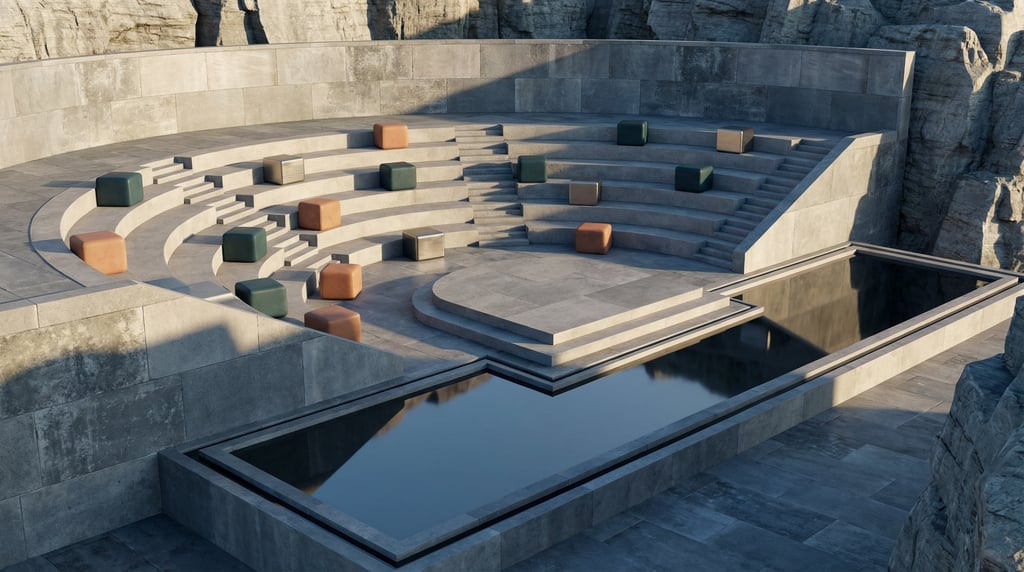 3D render of an open-air amphitheater carved into cool grey bluestone