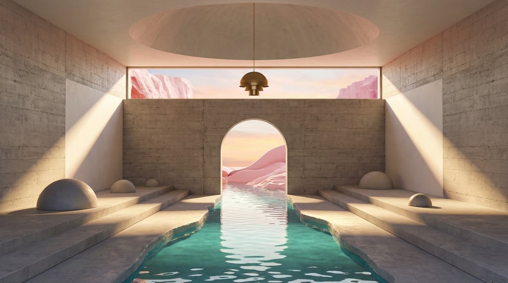 3D render of a minimalist warehouse conversion with raw board-formed concrete walls and a domed ceil