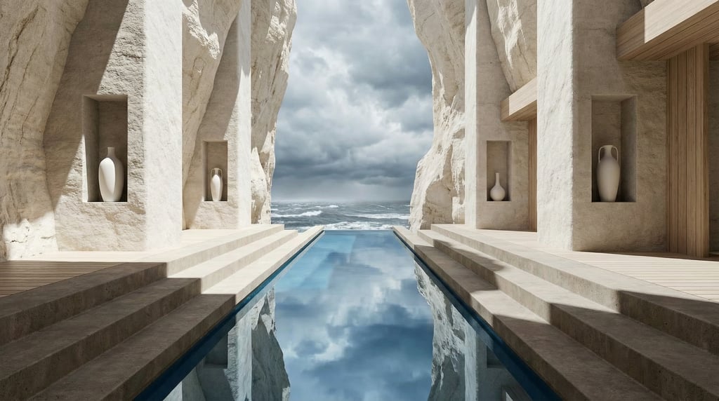 3D render of a Scandinavian spa carved into a pale limestone canyon