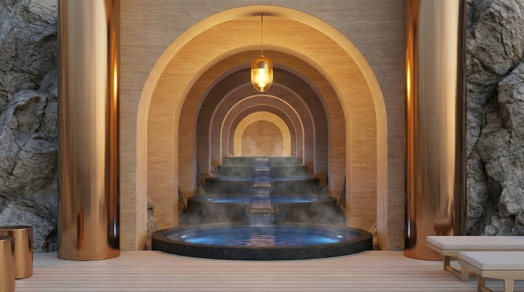 3D render of a thermal spring grotto with warm honey-toned limestone walls and a natural A cascading