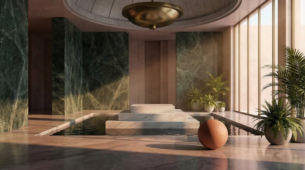 3D render of a monumental atrium with dark verde marble walls rising to a domed ceiling with a centr
