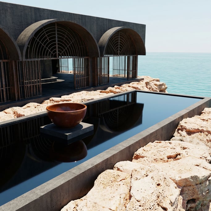 3D render of a Art Deco coastal structure of dark pigmented concrete and raw steel perched on sun-bl