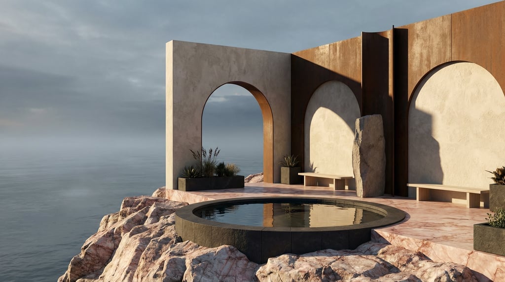 3D render of a minimalist coastal structure of lime-washed plaster and raw steel perched on rose-vei