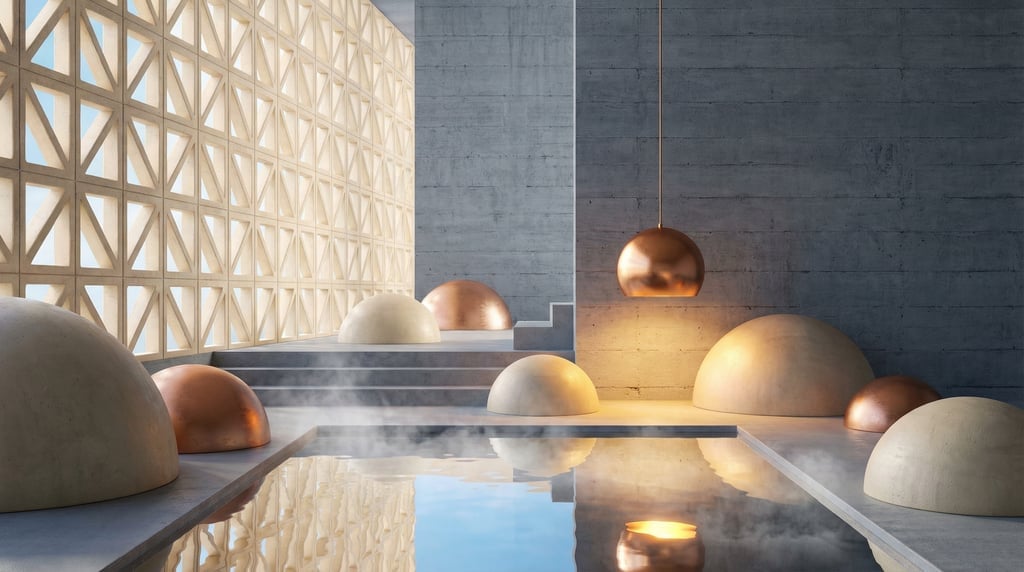 3D render of a neo-classical bathhouse with raw board-formed concrete walls and A perforated wall wi