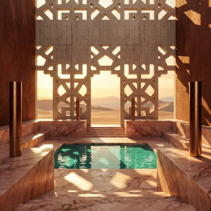 3D render of a sunken courtyard carved from rose-veined marble