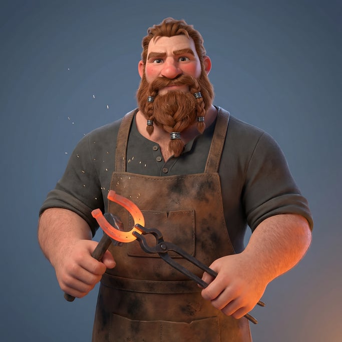 Pixar-style 3D character — a burly blacksmith with a thick auburn beard braided with tiny iron rings