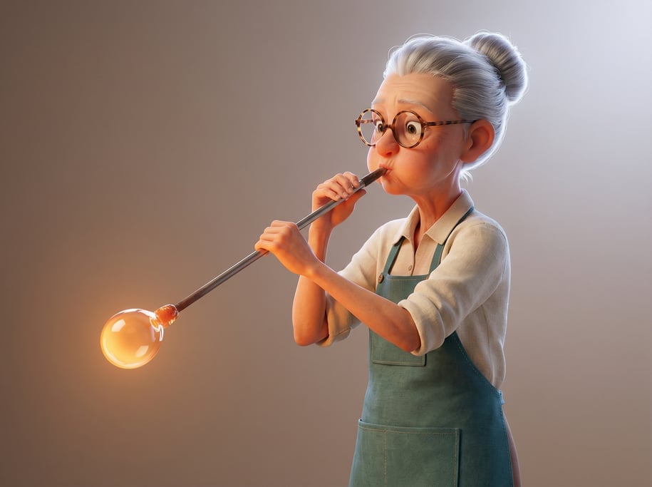 Pixar-style 3D character — a slender glassblower with round tortoiseshell glasses and pulled-back si