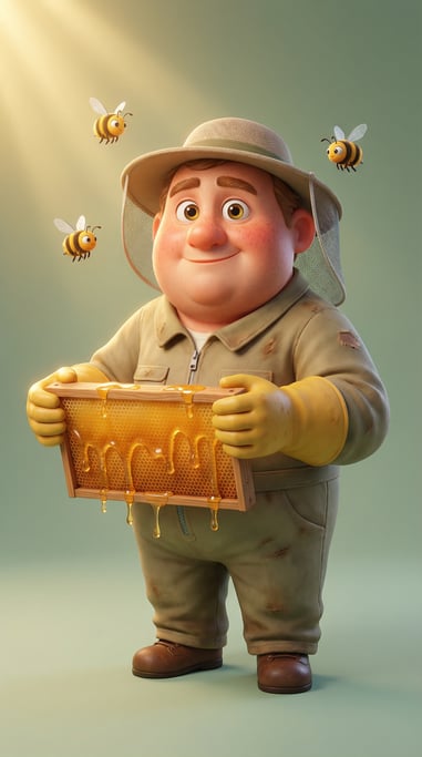 Pixar-style 3D character — a stout beekeeper in a weathered khaki suit with the mesh veil flipped up