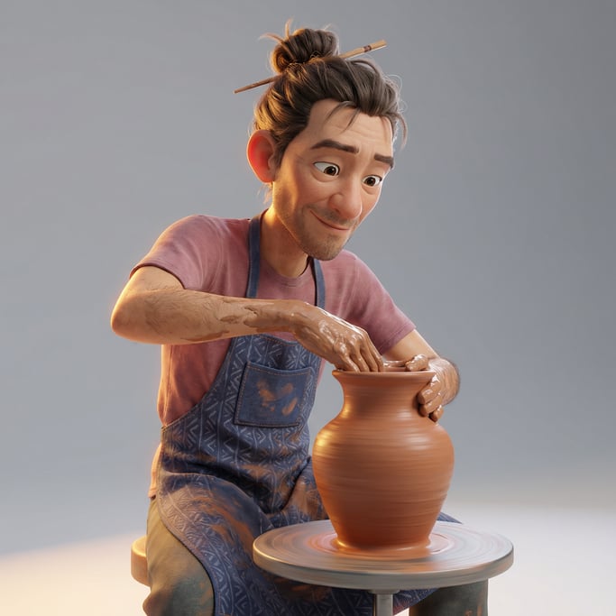 Pixar-style 3D character — a wiry potter with clay-smeared forearms and a messy topknot held by a wo