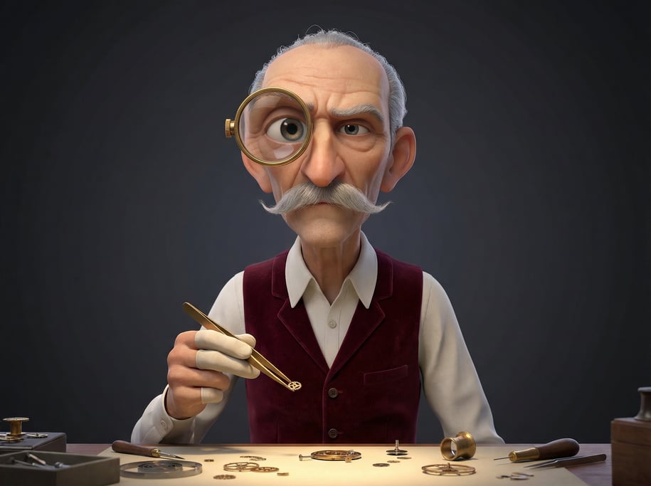 Pixar-style 3D character — a meticulous watchmaker with an oversized jeweler's loupe clamped to one