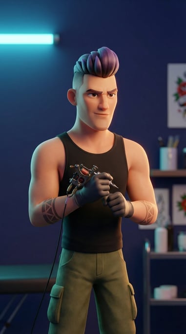 Pixar-style 3D character — a confident tattoo artist with geometric sleeve tattoos on both arms