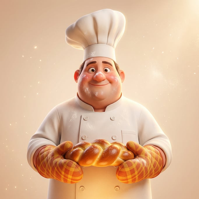Pixar-style 3D character — a plump jovial baker with flour dusted across rosy cheeks and a tall whit