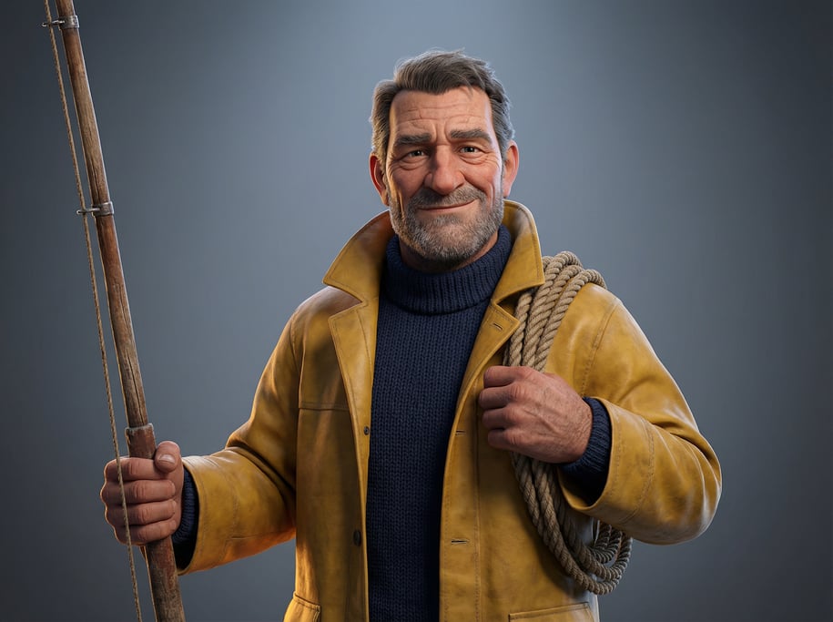 Pixar-style 3D character — a weathered deep-sea fisherman with a salt-and-pepper stubble and crow's