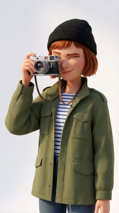 Pixar-style 3D character — a trendy street photographer with a vintage film camera slung around her