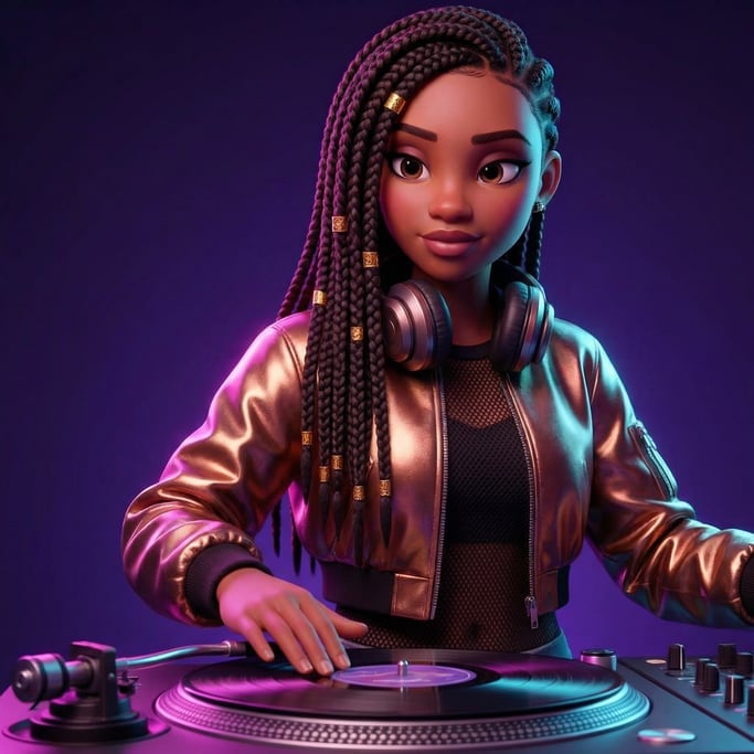 Pixar-style 3D character — a cool vinyl DJ with chunky over-ear headphones around her neck
