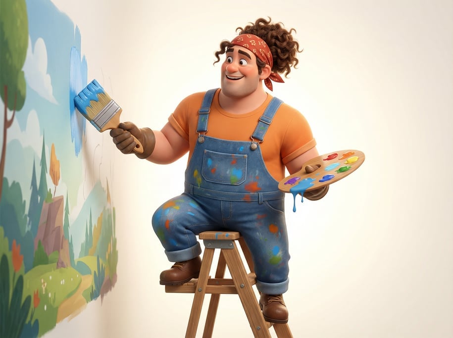 Pixar-style 3D character — a broad-shouldered mural painter on a small stepladder