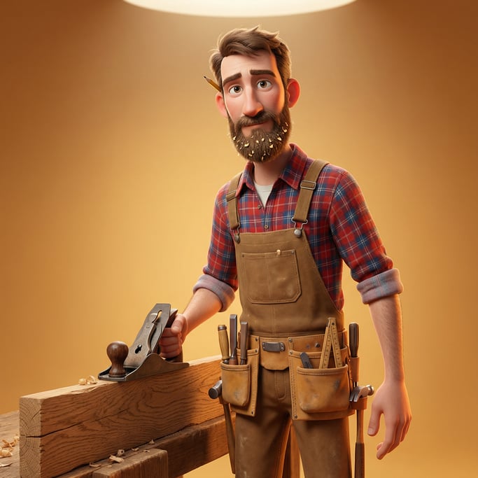 Pixar-style 3D character — a lanky carpenter with sawdust in his short brown beard