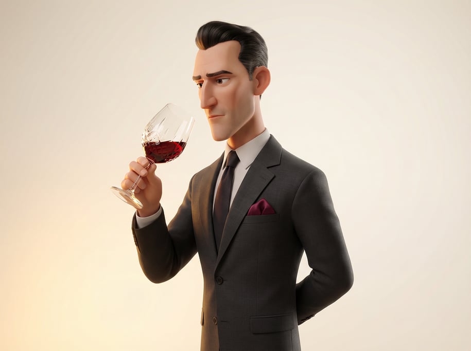 Pixar-style 3D character — an elegant sommelier with a sharp jawline and slicked-back dark hair