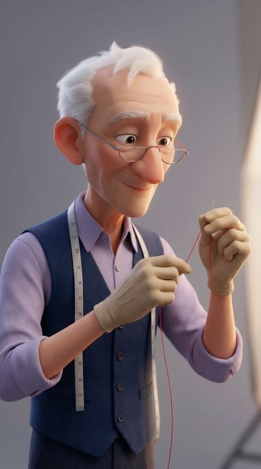 Pixar-style 3D character — a precise tailor with half-moon reading glasses perched on a narrow nose