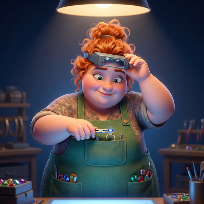 Pixar-style 3D character — a jovial jeweler with a loupe headband pushed up on her forehead
