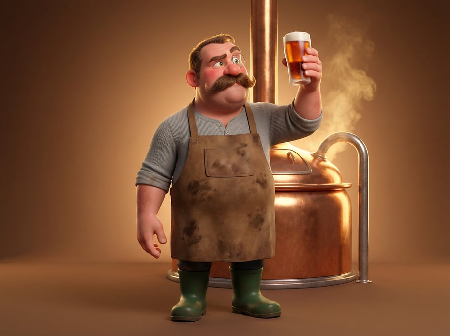 Pixar-style 3D character — a stocky craft brewer with a magnificent handlebar mustache and ruddy che