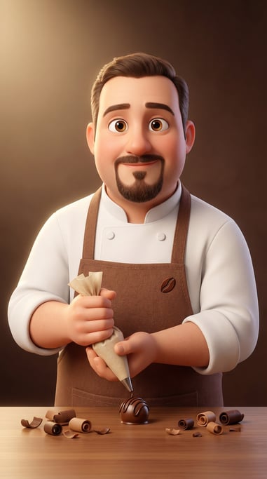 Pixar-style 3D character — a refined chocolatier with a neat goatee and warm brown eyes