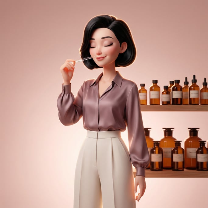 Pixar-style 3D character — a graceful perfumer with high cheekbones and a sleek black bob