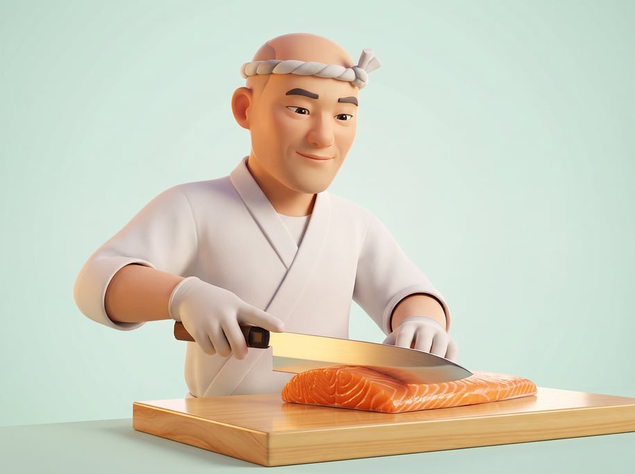 Pixar-style 3D character — a focused sushi chef with a shaved head and calm expression