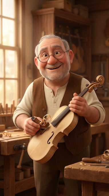 Pixar-style 3D character — a passionate luthier with wire-rimmed glasses and gray temples